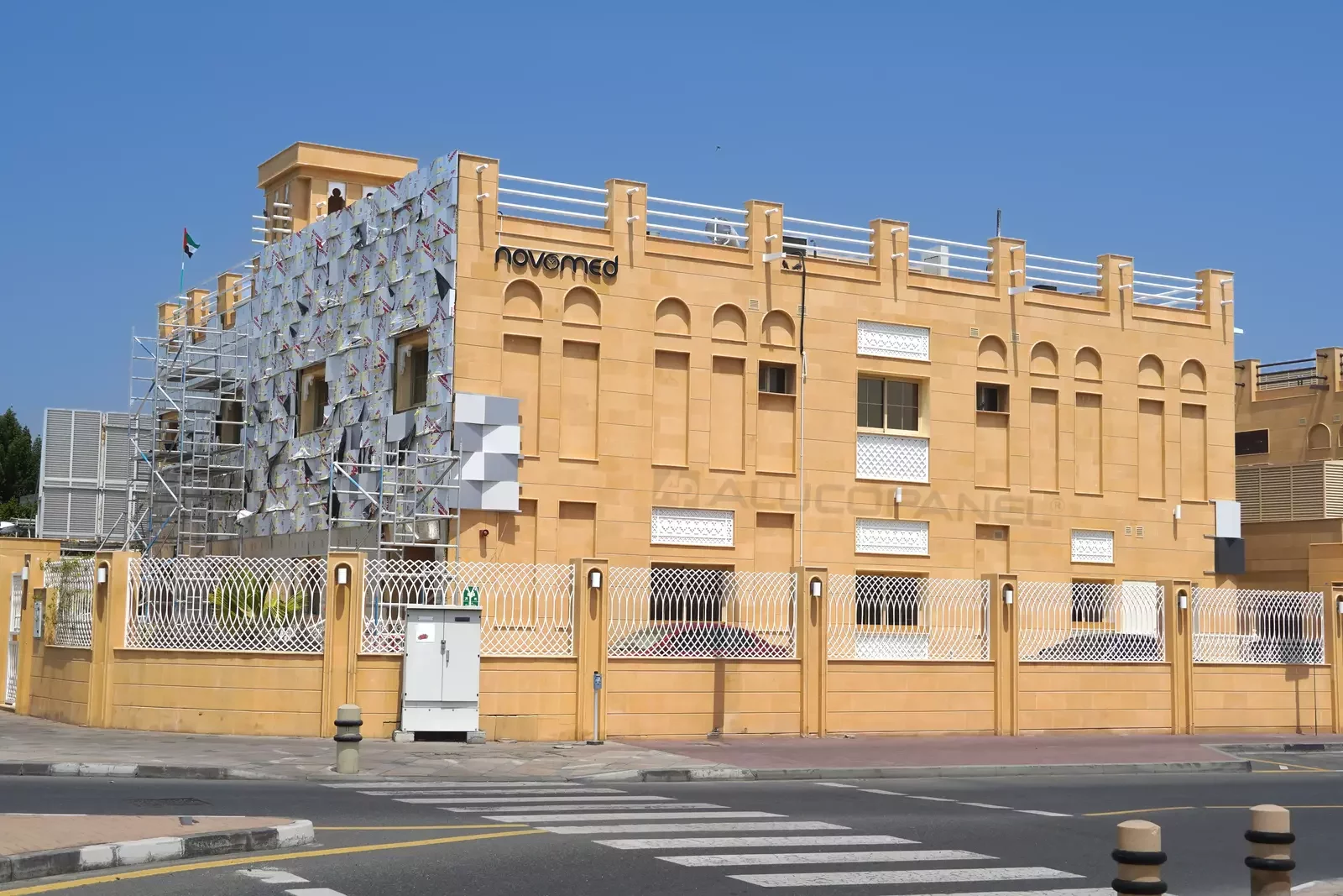 Street view of Novamed in Jumeirah, Dubai, clad with ALUCOPANEL