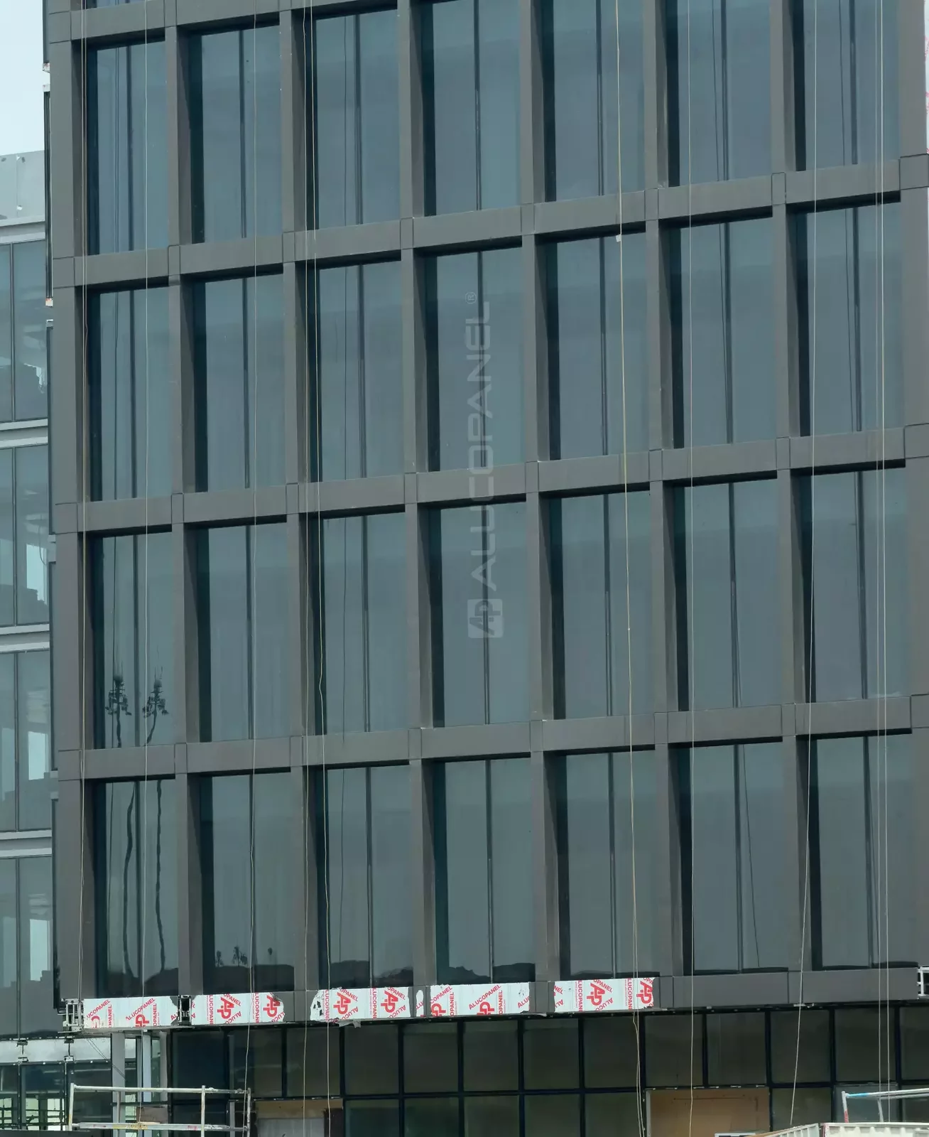 Grid of ALUCOPANEL grey panels framing the glass curtain wall, Aviation Office
