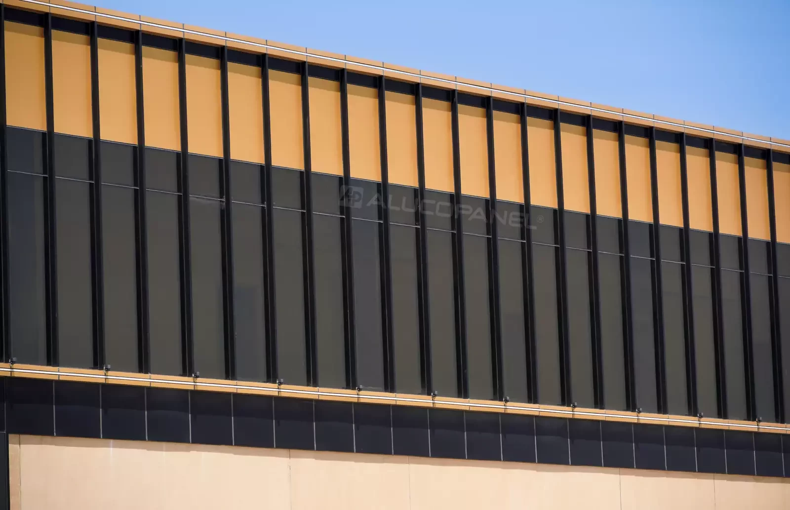 Vertical fin cladding detail in ALUCOPANEL gold and black, Moopans Mall