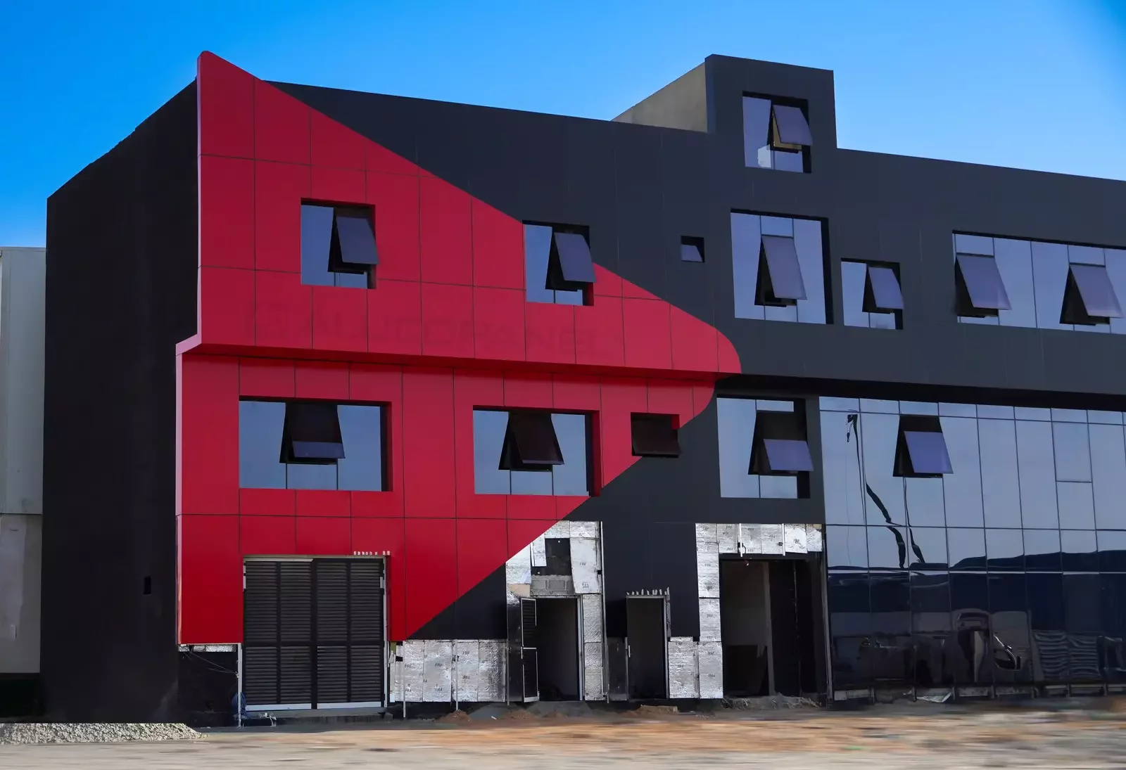 Close-up of red and black geometric ALUCOPANEL FR cladding, Umm Al Quwain
