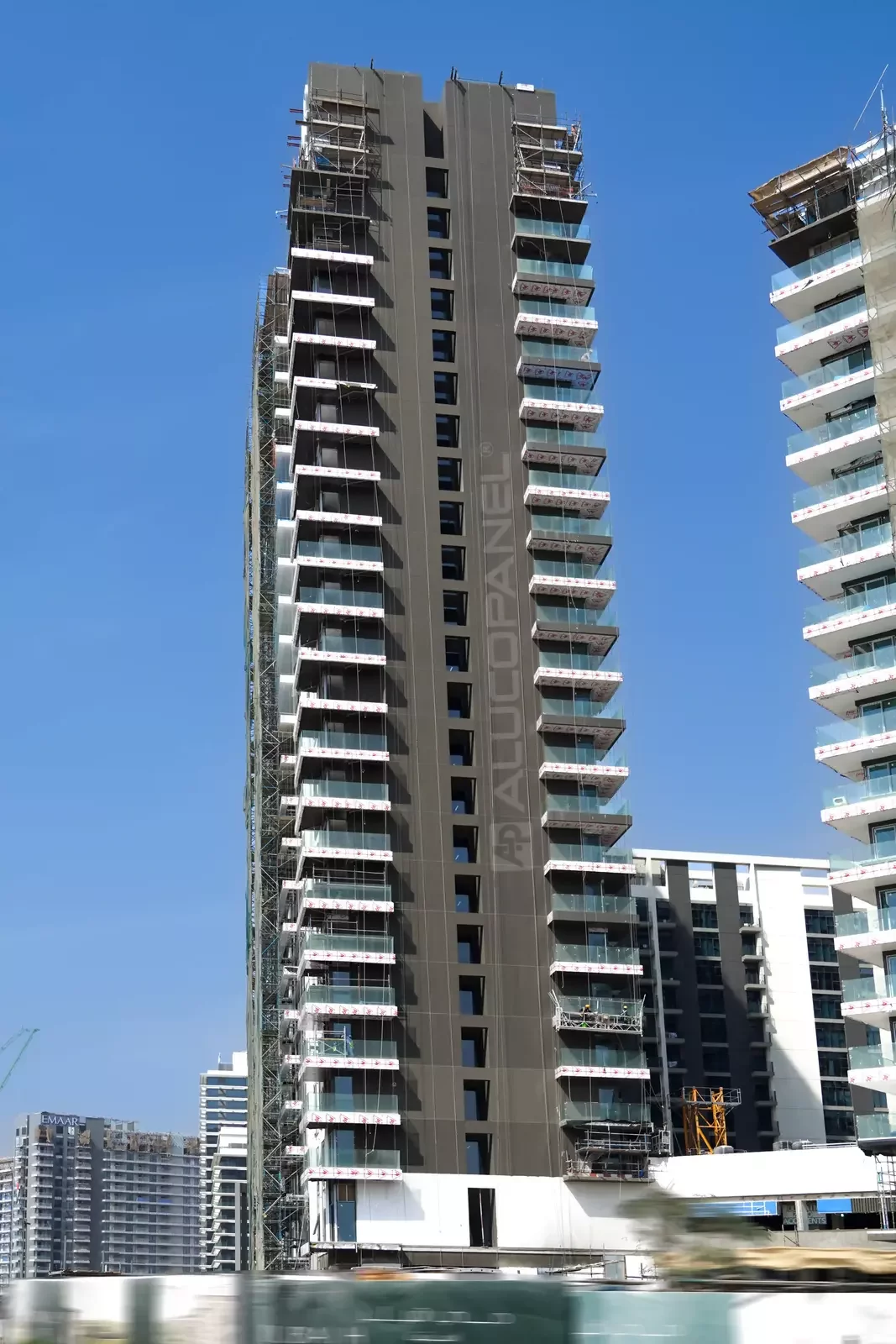 ALUCOPANEL Vintage Grey cladding on the balconies of Green Side Residences, Dubai Hills