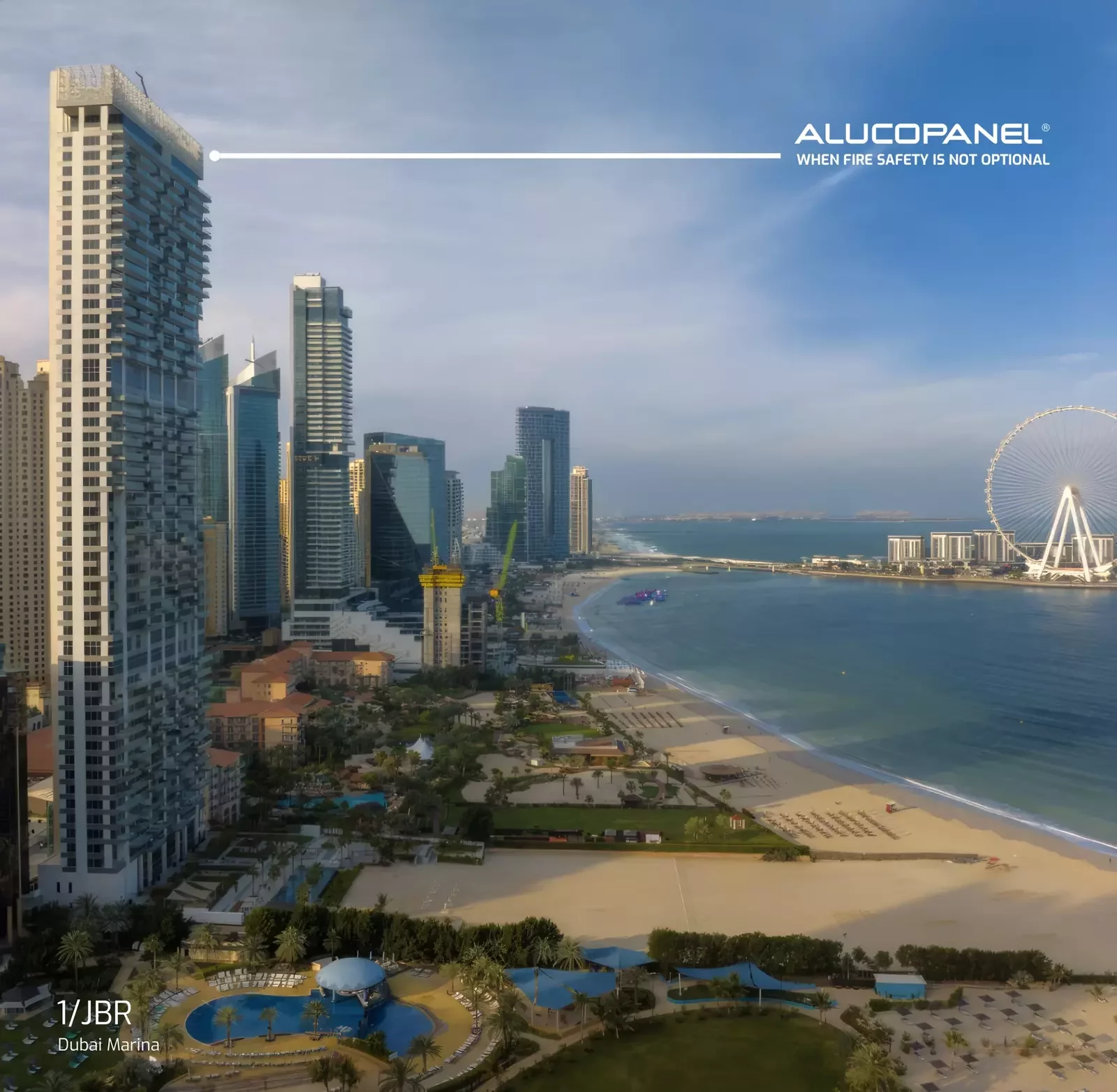 1 JBR tower facade in Dubai Marina clad with ALUCOPANEL