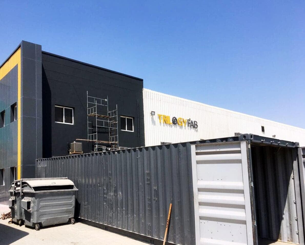 ALUCOPANEL FR facade in Rat Gray and Pure Yellow, Trilogy Fab Trailers, Dubai